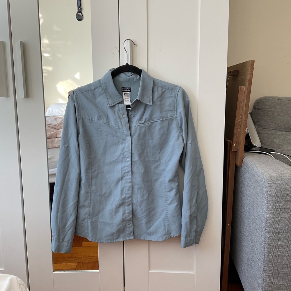 Patagonia Womens Snap Front Hiking Shirt Size 4 Blue Long Sleeve Zip Pocket